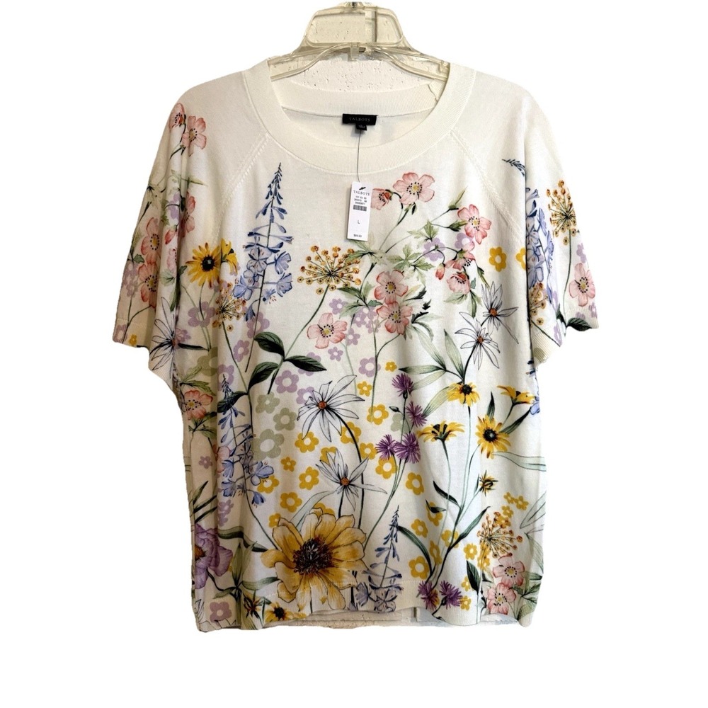 Talbots White Colorful Botanical Gardens Floral Short Sleeve Knit Sweater Sz Lg